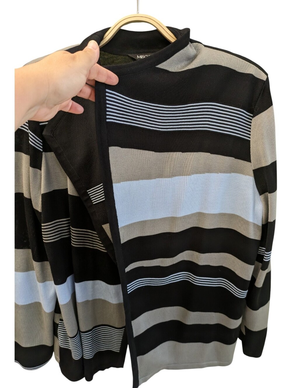 Misook Striped Cardigan Sweater Jacket Petite Large PL Open Front Drape Knit - Picture 2 of 9